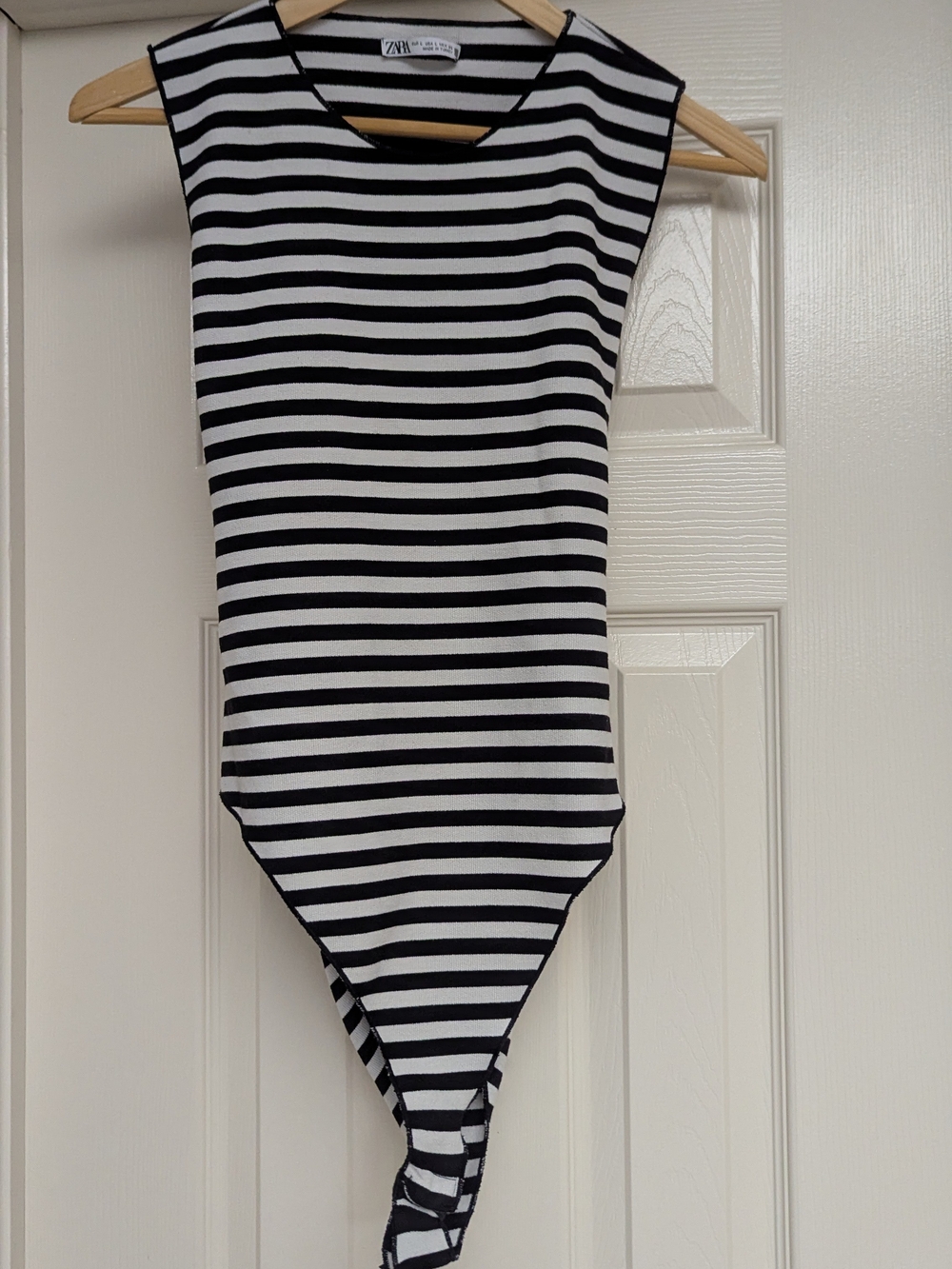 Zara Black & White Striped Sleeveless, Open back Bodysuit